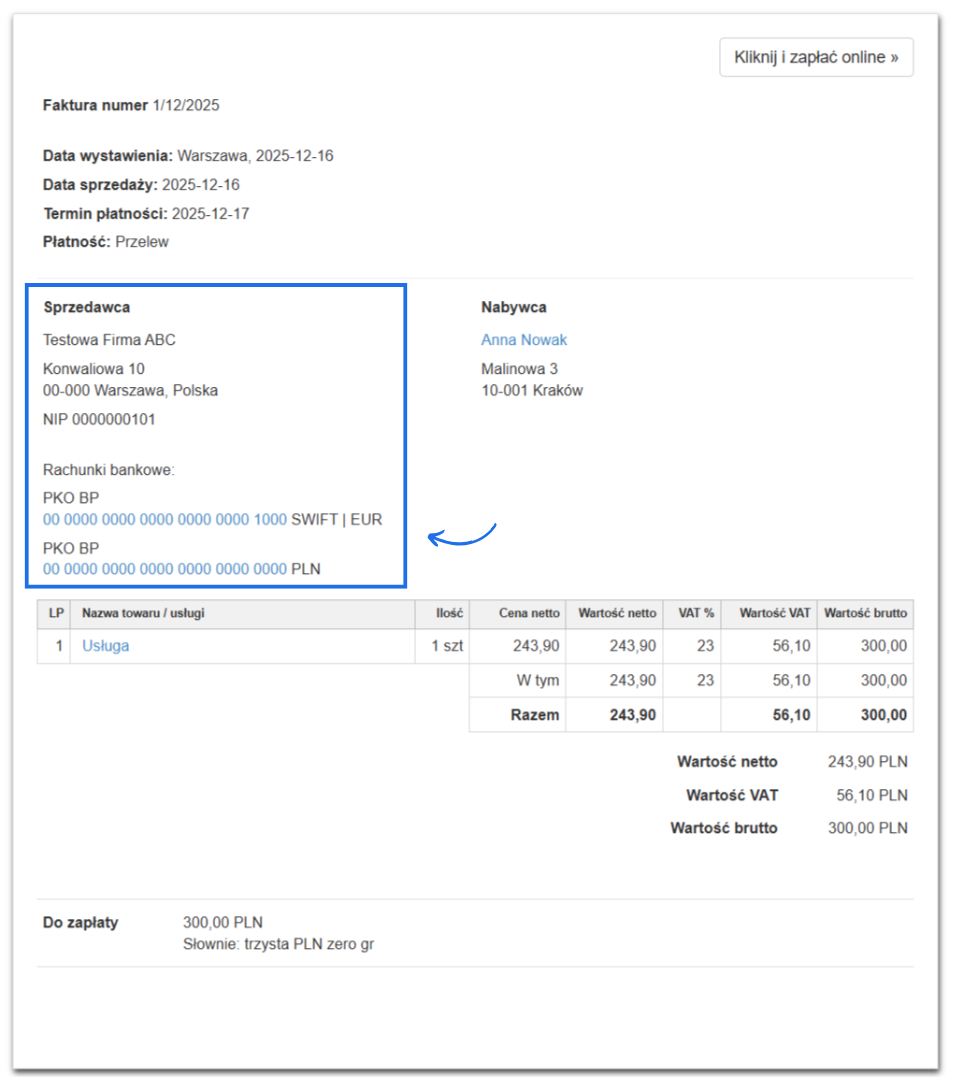 Przykładowa faktura sprzedażowa za usługę dla osoby prywatnej z dostępnymi w danych Sprzedawcy dwoma rachunkami bankowymi. 