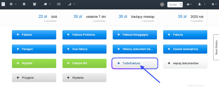 Menu główne systemu Fakturownia z wyróżnioną opcją TurboFaktury do szybkiego wystawiania dokumentów.