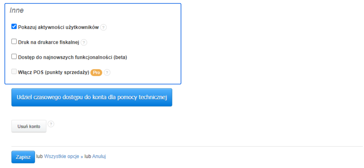 Sekcja ustawień Fakturowni z opcjami dotyczącymi aktywności użytkowników, druku na drukarce fiskalnej, dostępu do funkcjonalności beta oraz włączenia POS.