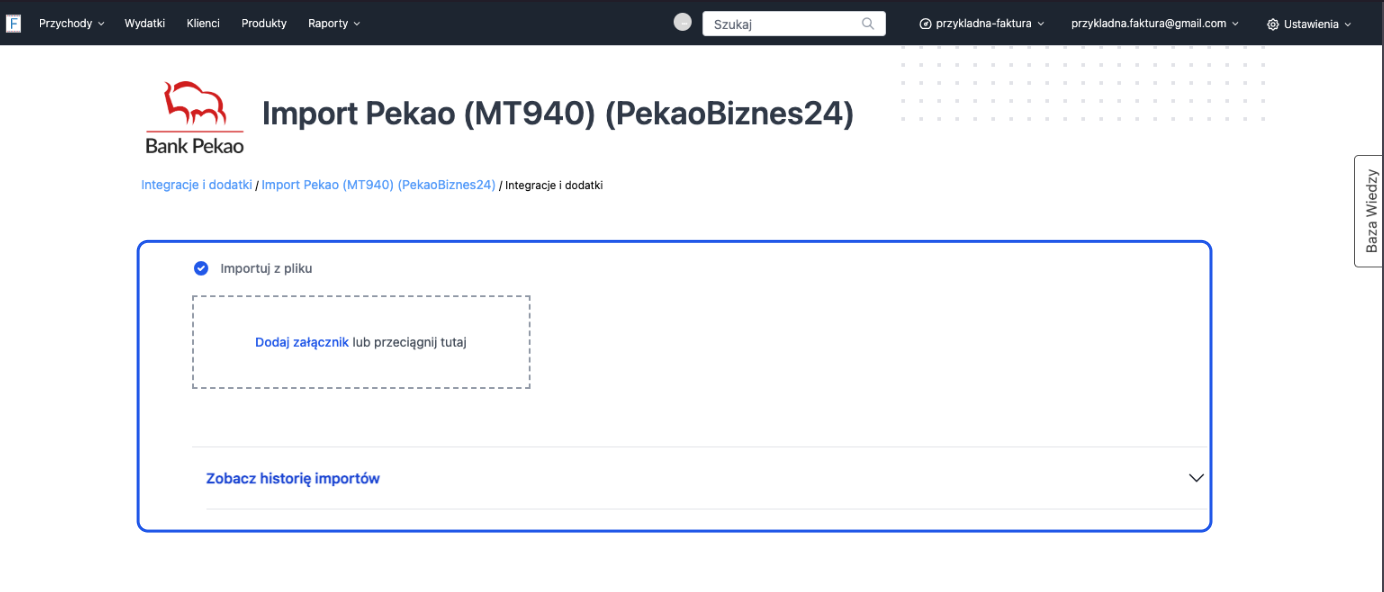 Ekran importu plików MT940 z PekaoBiznes24 w aplikacji księgowej, opcja dodania załącznika i przeglądania historii importów.