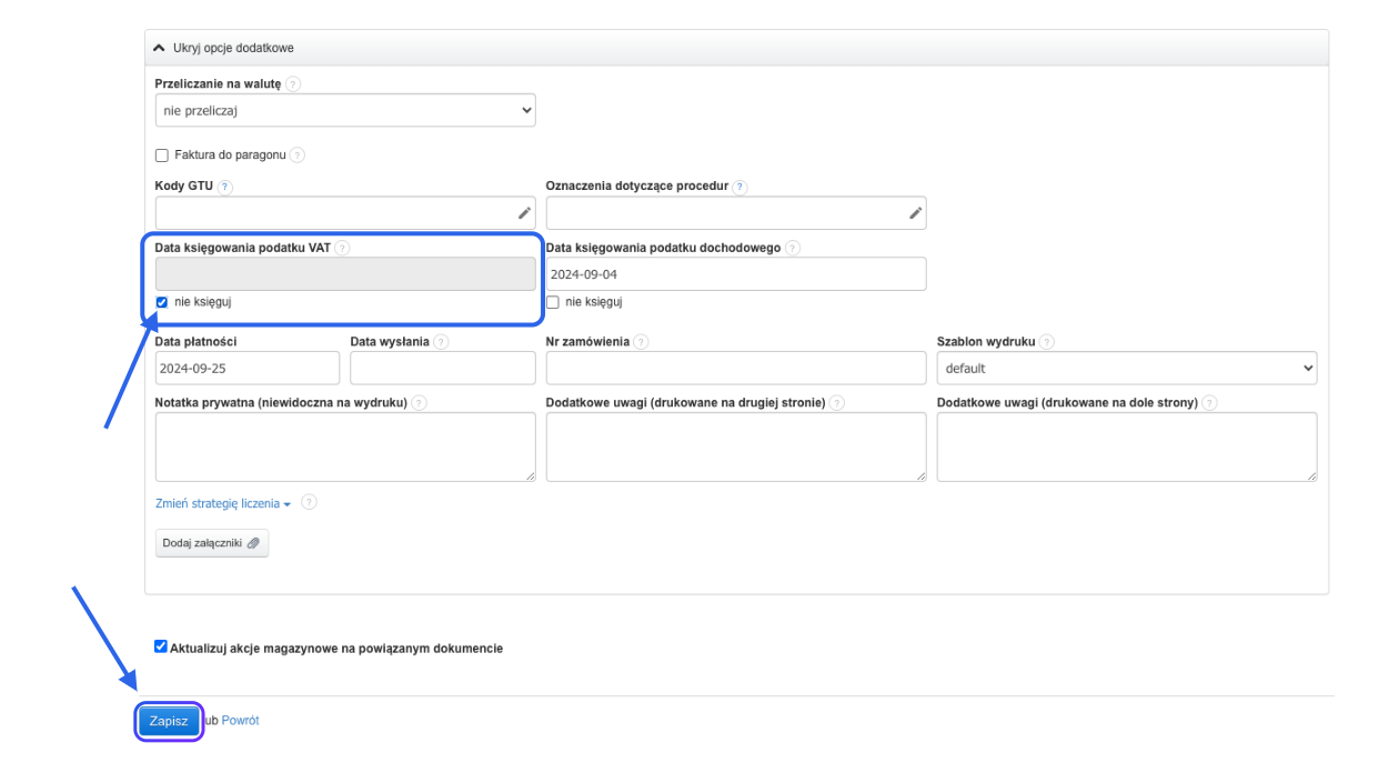 Formularz z opcjami dodatkowymi w systemie z zaznaczoną opcją nie księguj oraz opcjami przeliczania walut, datą księgowania VAT, terminem płatności oraz przyciskiem zapisu ustawień.