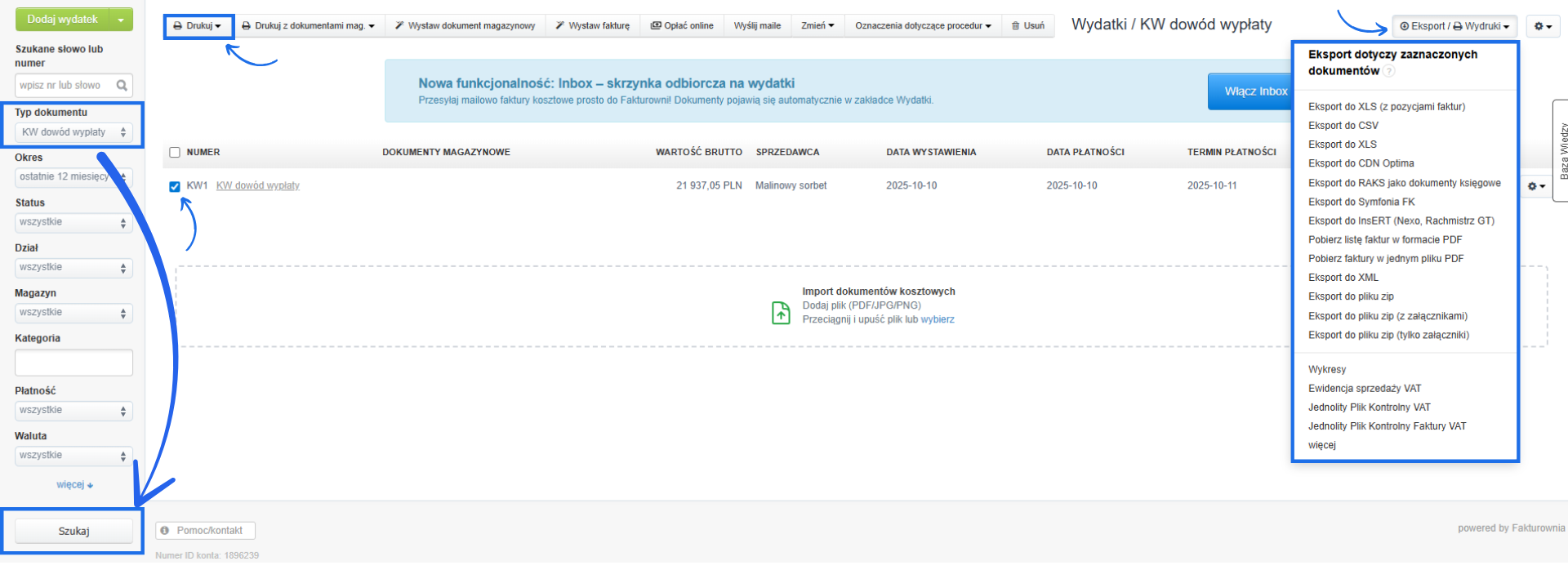 Panel wydatków w Fakturowni z wyfiltrowanym dokumentem „KW dowód wypłaty”, zaznaczoną opcją eksportu i rozwiniętym menu eksportu i wydruku.