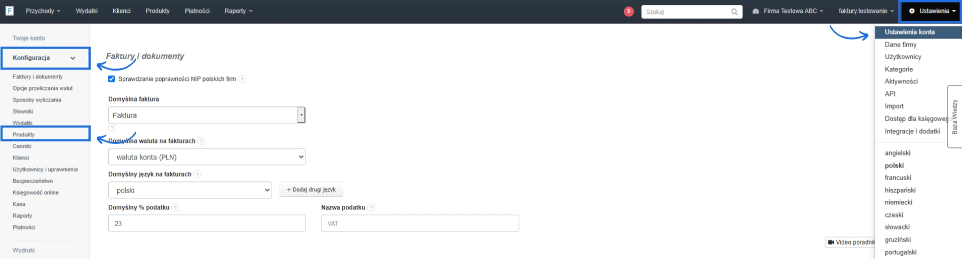Ustawienia konta Fakturownia – sekcja Konfiguracja > Produkty z aktywną opcją waluty i języka faktur.