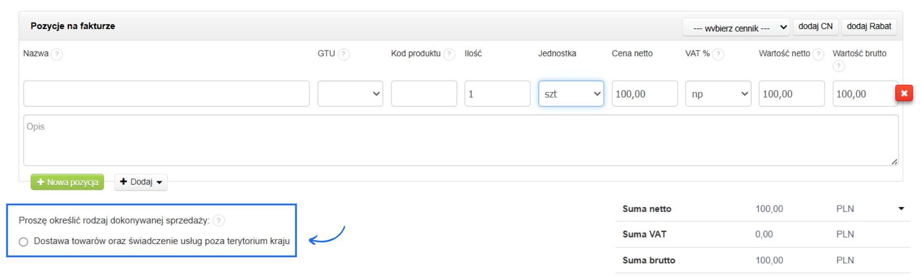 Formularz pozycji na fakturze z domyślną stawką 'np' o rodzajem dokonywanej sprzedaży.