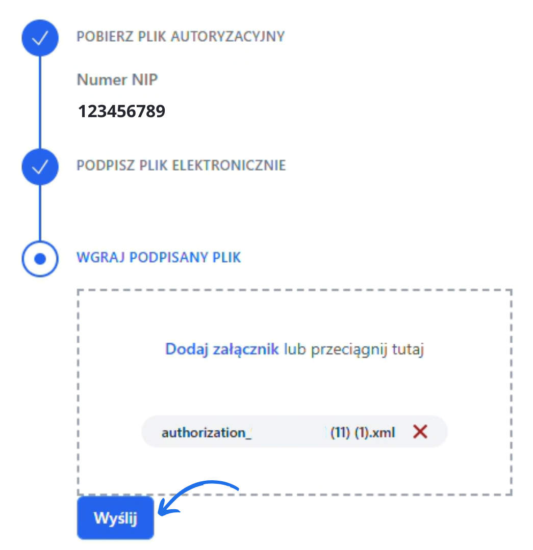 ostatni krok autoryzacji integracji KSeF (DEMO) w Fakturowni. Użytkownik przeszedł już przez pobranie i podpisanie pliku, a teraz wgrał podpisany plik XML i ma możliwość jego przesłania za pomocą przycisku "Wyślij".