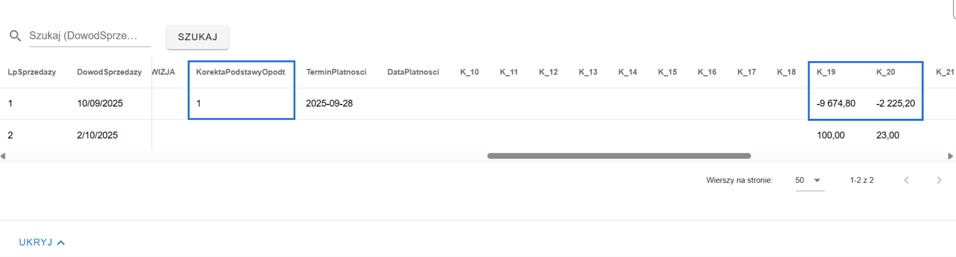 Część ewidencyjna sprzedaży VAT pliku JPK_V7 w systemie Fakturownia z uwzględnioną fakturą z aktywnym oznaczeniem ulga za złe długi i korektą podstawy opodatkowania.