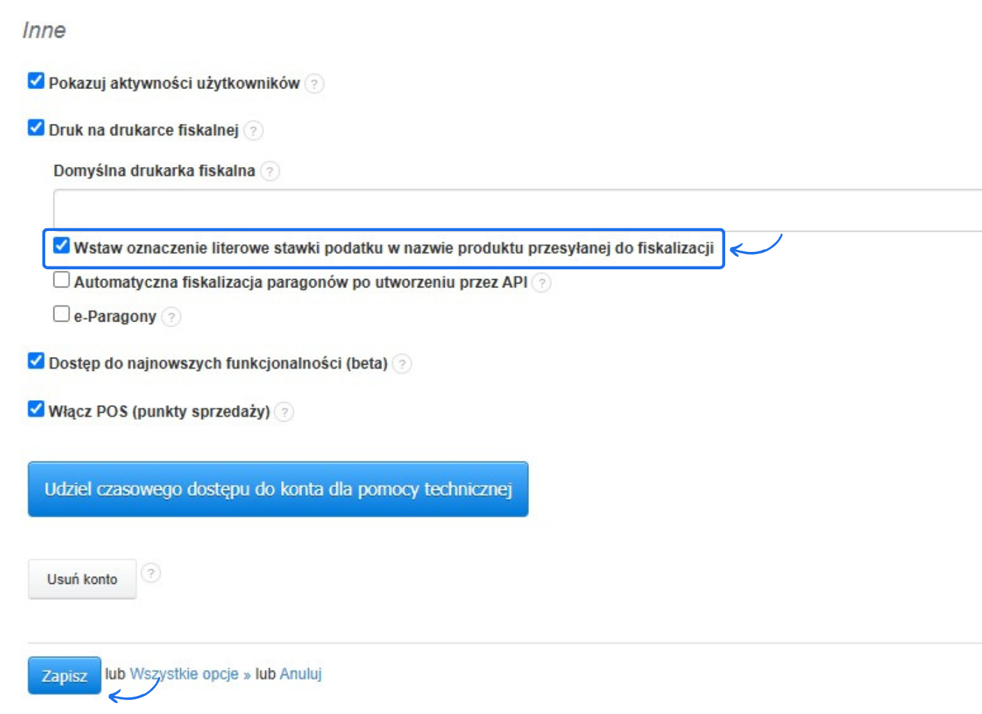 Zaznaczona opcja „Wstaw oznaczenie literowe stawki podatku” w ustawieniach fiskalizacji z widocznym przyciskiem „Zapisz”.