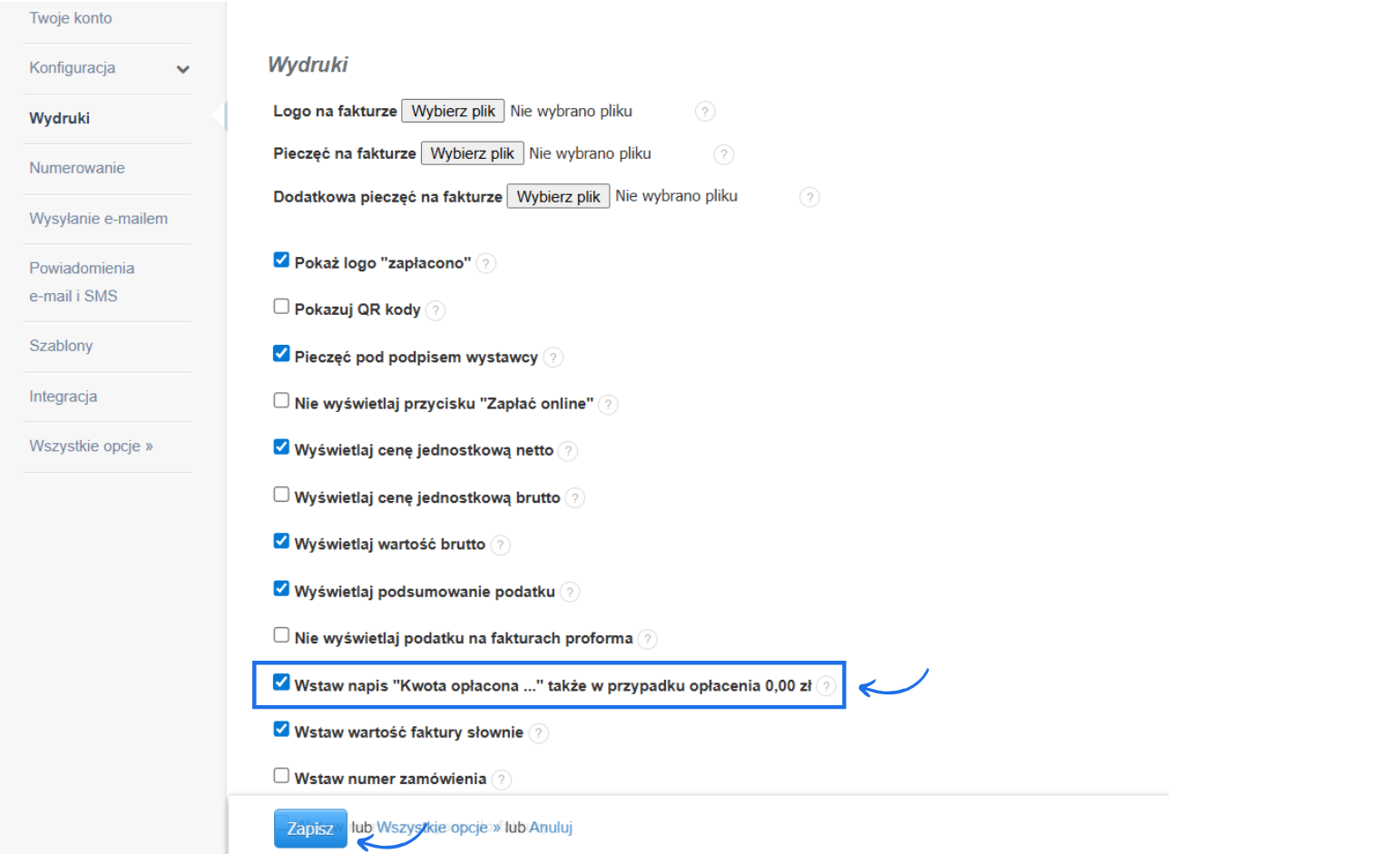 Ustawienia dotyczące wydruku dokumentu z aktywną opcją wstawienia zapisu kwota opłacona, jeśli dla dokumentu nie przypisano jeszcze płatności.