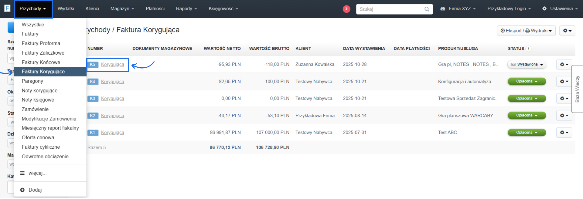 Lista faktur korygujących w systemie Fakturownia z podstawowymi informacjami oraz z aktywną zakładką Przychody, skąd można przejść do listy faktur korygujących.