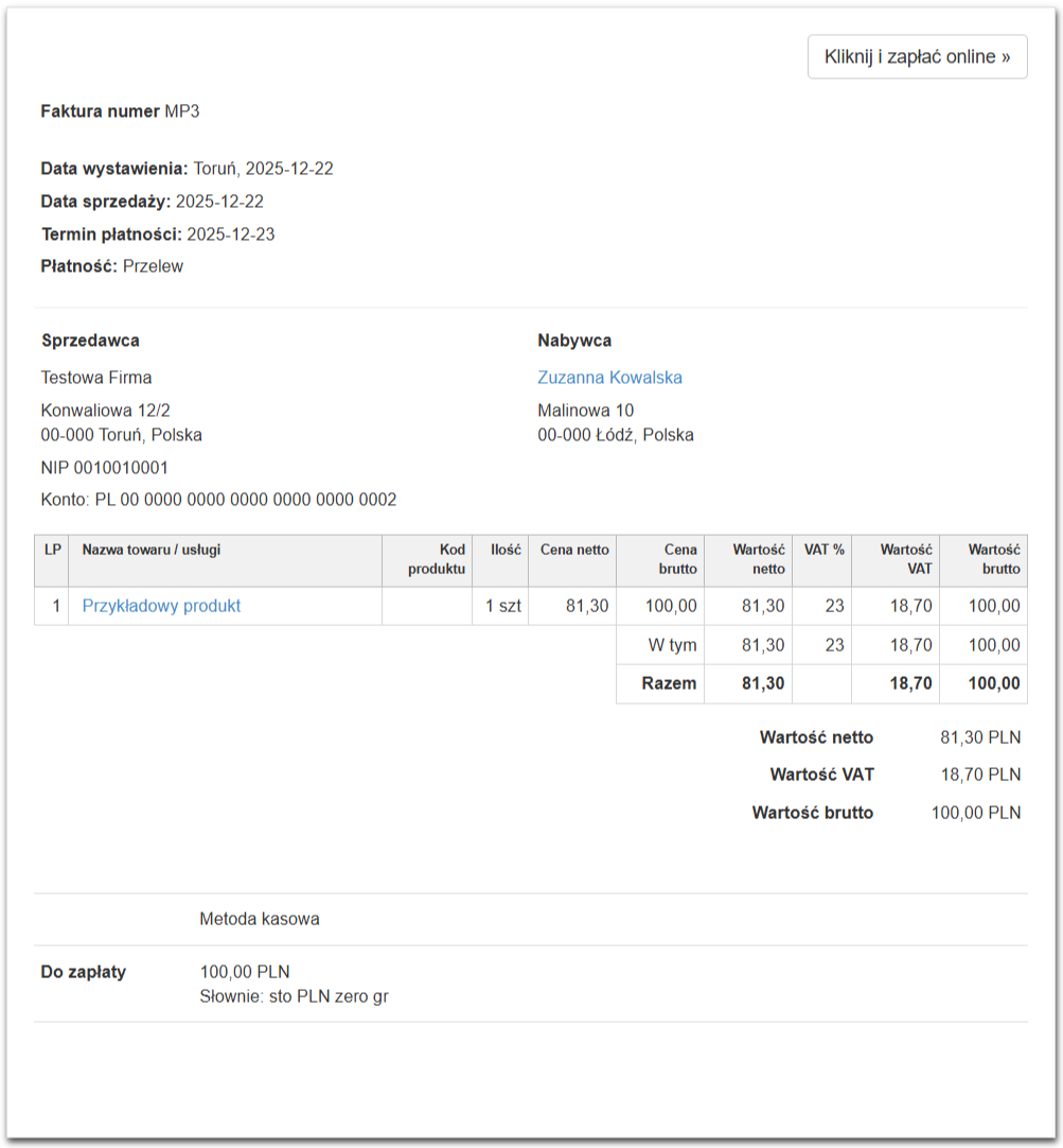 Faktura MP numer MP3 wystawiona przez testową fifm dla osoby prywatnej na przykładowy towar za 100 zł brutto w ramach metody kasowej.