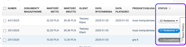 Status faktury w systemie Fakturownia z możliwością oznaczenia jako Wystawiona lub Do uzupełnienia