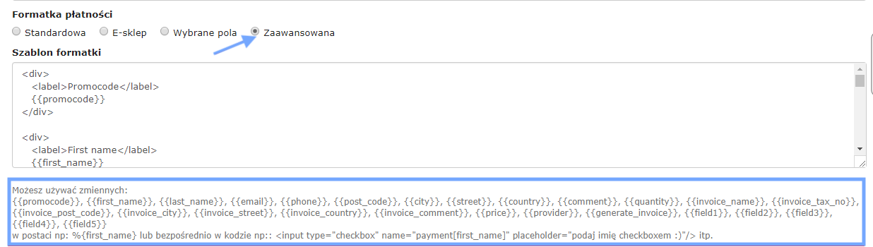 Ustawienia zaawansowanego szablonu formatki płatności z polami HTML i dostępnymi zmiennymi, jak {{first_name}}, {{email}}, czy {{price}}.