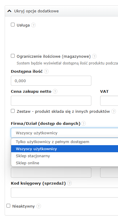 Formularz edycji produktu z ustawieniem dostępności dla firmy lub działu, z rozwijaną listą widoczności dla użytkowników.