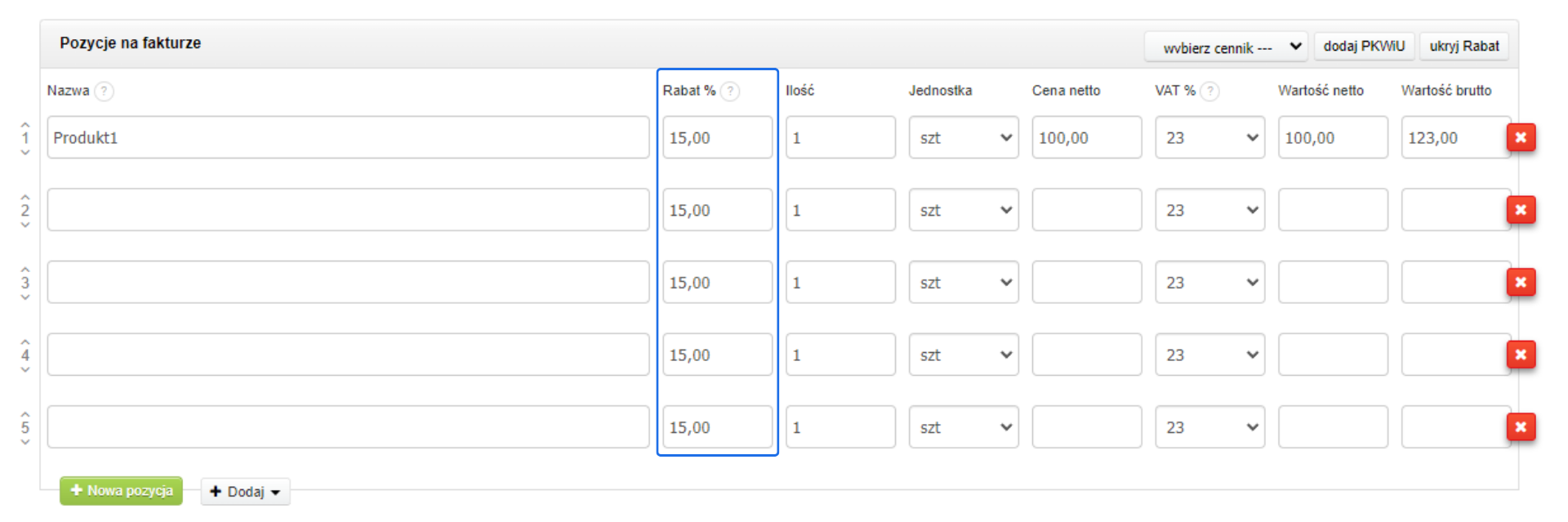 Dodatkowe pozycje na fakturze z automatycznie przypisanym rabatem na poziomie 15%.