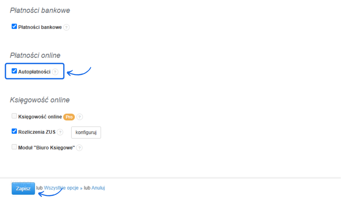 Ustawienia płatności z opcją autotransakcji, płatności bankowych oraz konfiguracją księgowości online i rozliczeń ZUS.