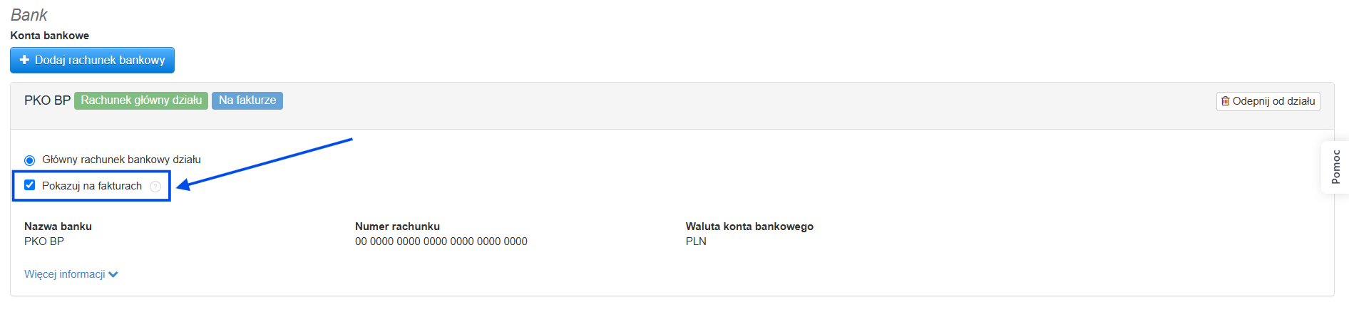 Szczegółowe informacje dotyczące rachunku bankowego z aktywną opcją pokazuj na fakturach.