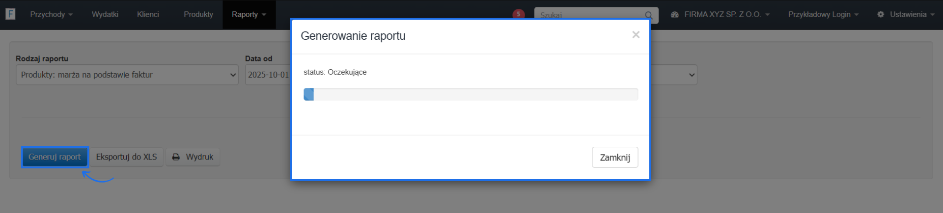 Widok okna systemowego, który wskazuje na generowanie danych po stronie serwera dla raportu Produkty: marża na podstawie faktur. 