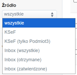 Filtr Źródło na liście wydatków z opcjami: KSeF i Podmiot3 w systemie Fakturownia.