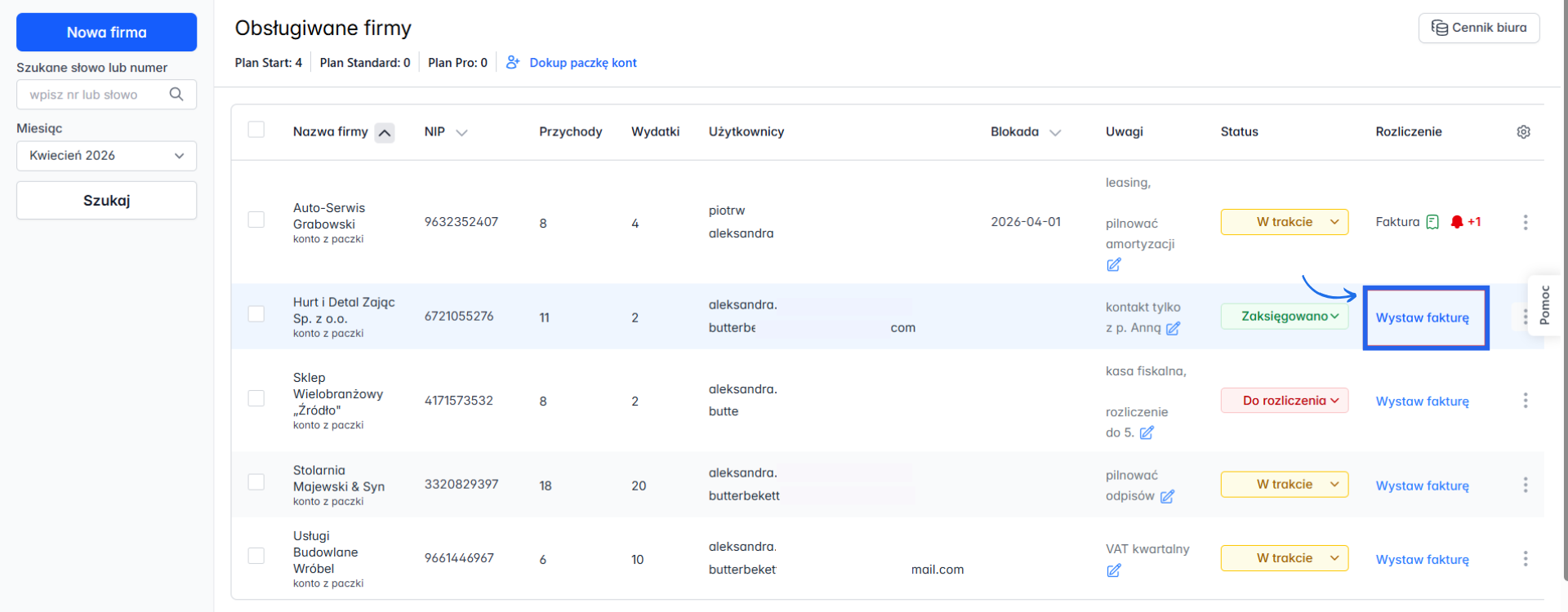 Lista obsługiwanych firm z aktywną opcją wystawienia faktury za usługi księgowe.