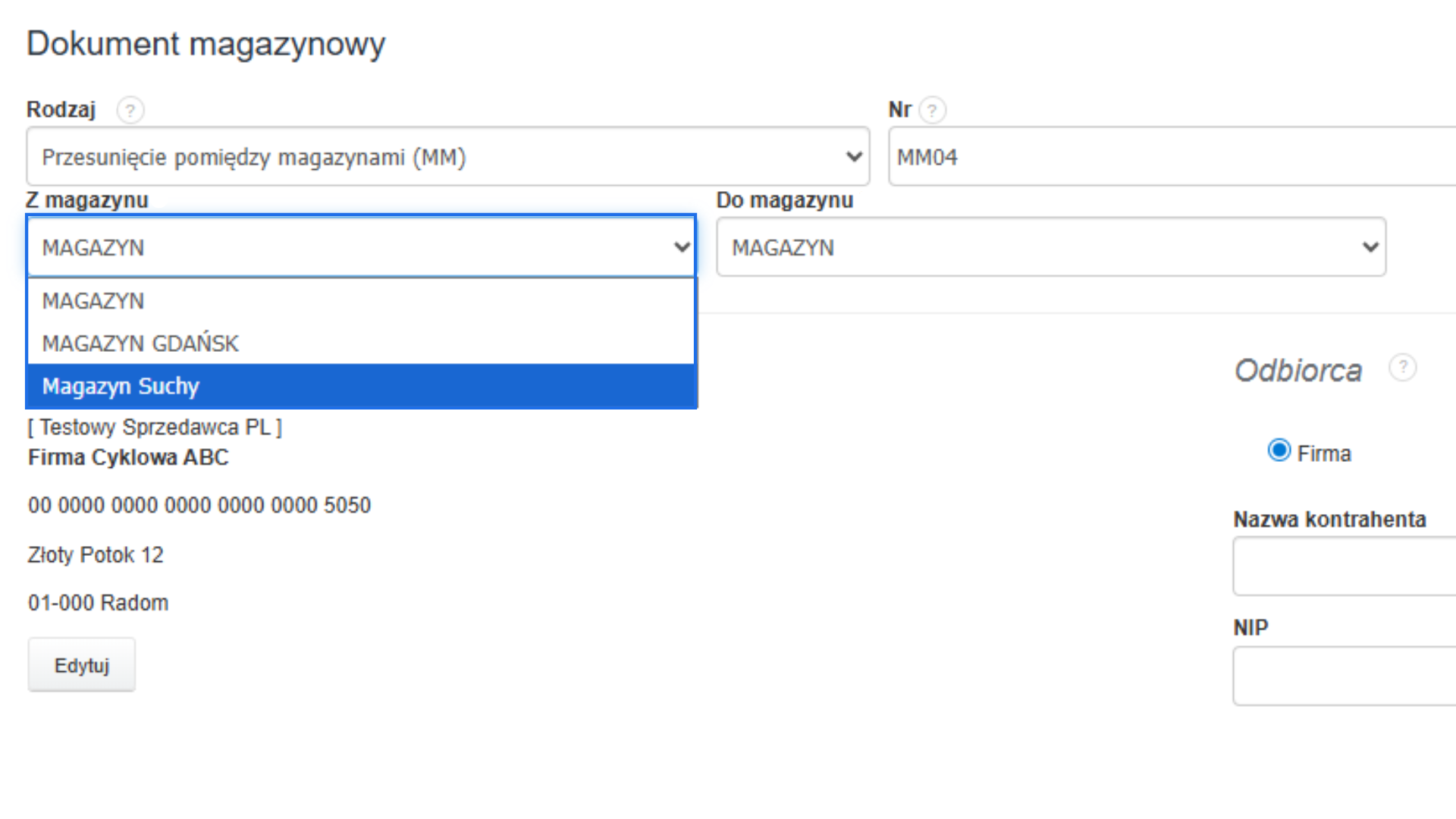 Formularz dokumentu magazynowego MM z rozwijaną listą magazynów źródłowych — zaznaczony „Magazyn Suchy” jako miejsce rozpoczęcia przesunięcia.