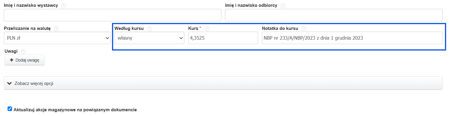 Formularz faktury walutowej z przeliczonymi wartościami według własnego kursu. 