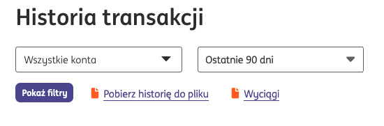 Interfejs do pobierania historii transakcji z ostatnich 90 dni dla wszystkich kont z opcjami filtracji, eksportu i wyciągów.