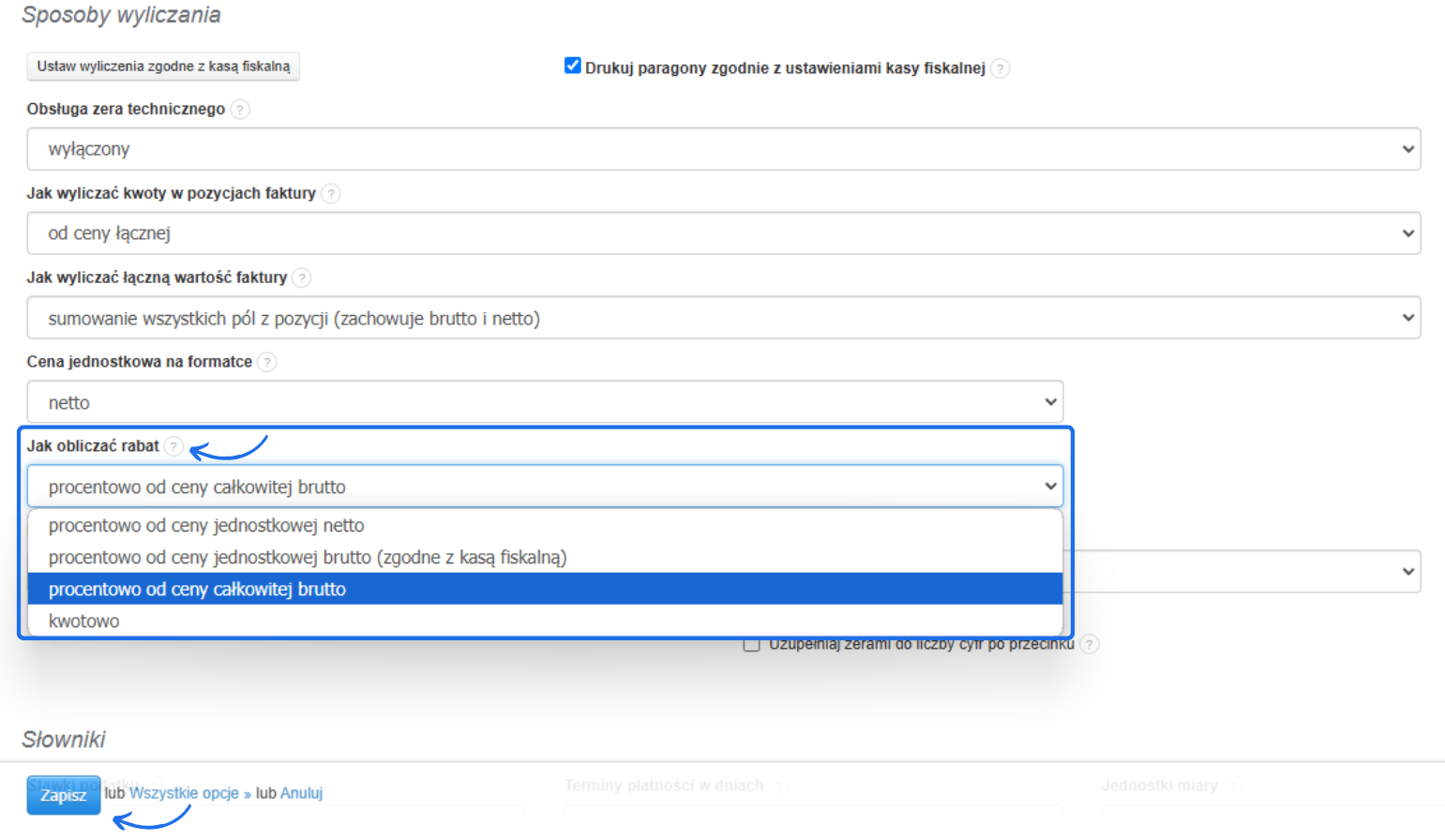 Ustawienia sposobu wyliczania rabatów w Fakturowni. Rozwinięta lista z opcją ‘procentowo od ceny całkowitej brutto’ oraz przycisk ‘Zapisz’.