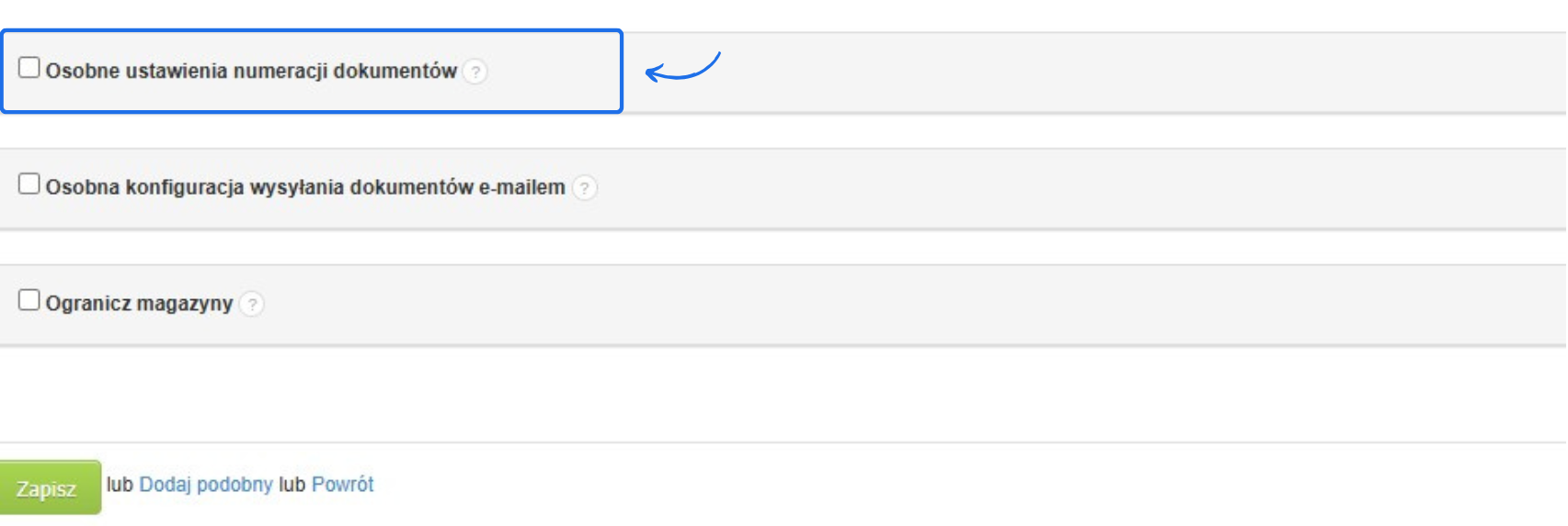 Opcja konfiguracji osobnych ustawień numeracji dokumentów w systemie Fakturownia, z przyciskiem zapisu zmian na dole ekranu.