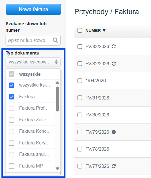 Panel filtrujący listę dokumentów z opcją filtrowania po typie dokumentów.