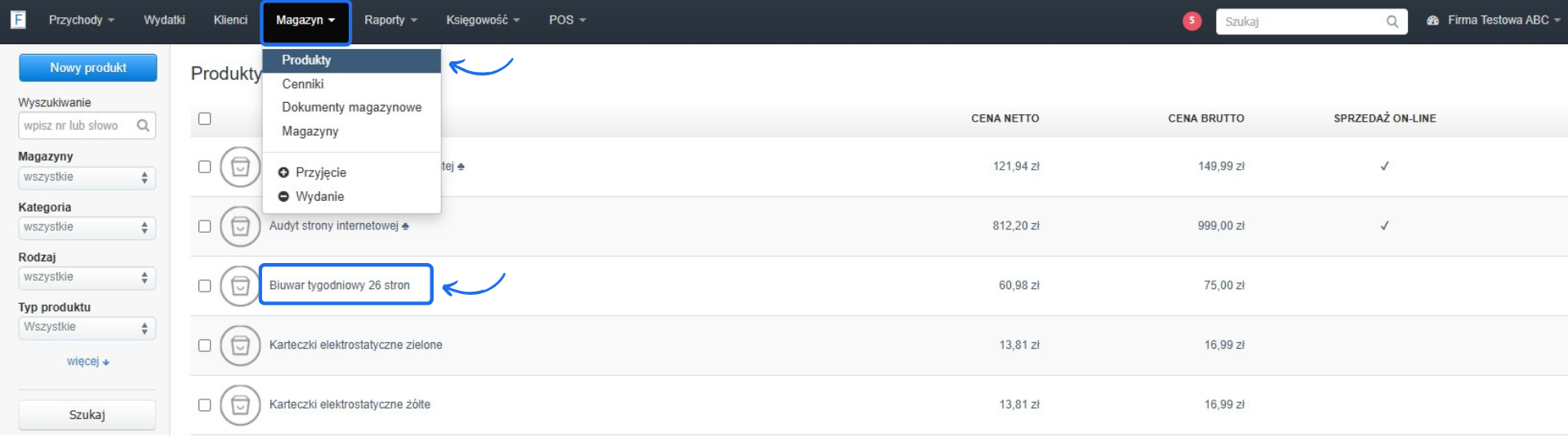 Widok listy produktów w systemie magazynowym z zaznaczonym biuwarem tygodniowym 26 stron. Menu 'Magazyn' otwarte z opcjami 'Produkty', 'Cenniki' i 'Dokumenty magazynowe'.
