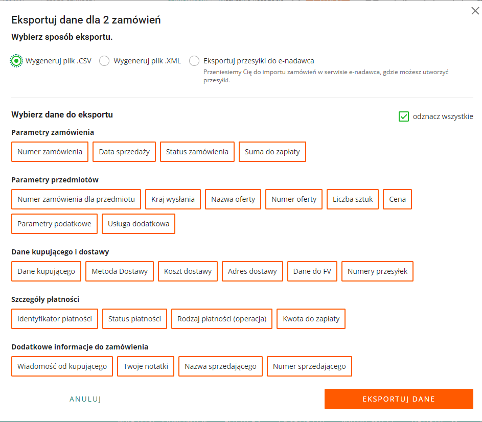 Okno eksportu danych zamówień z serwisu e-commerce z wyborem formatu pliku (CSV, XML) i danych do eksportu, takich jak numer zamówienia, status, cena, dane kupującego i szczegóły płatności.