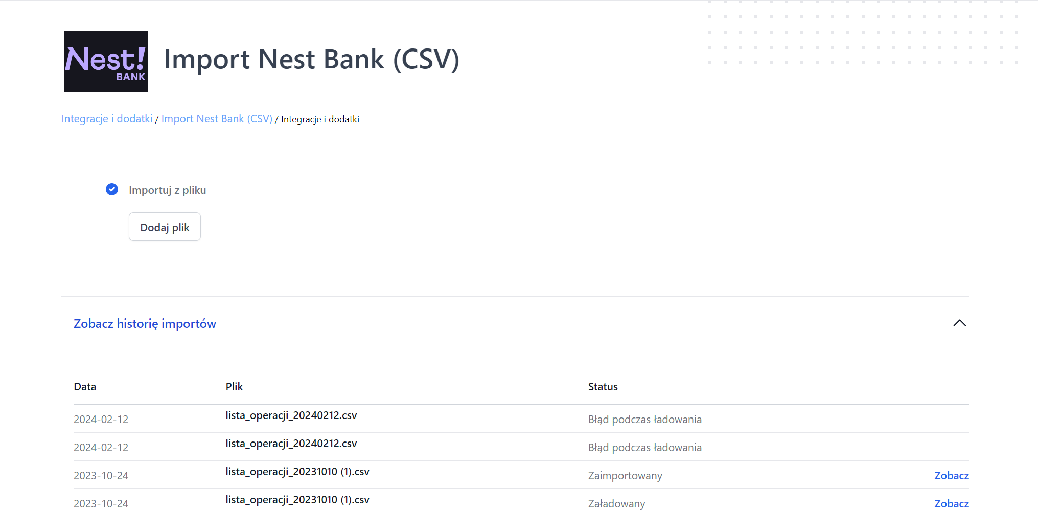 Ekran importu transakcji z Nest Bank (CSV) w systemie Fakturownia z przyciskiem 'Dodaj plik' oraz historią importów.