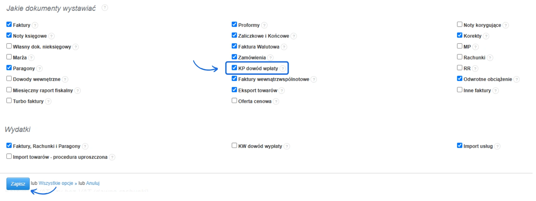 Opcje konfiguracji dokumentów w systemie Fakturowania, z zaznaczonymi opcjami aktywacji 'KP dowód wpłaty' i przyciskiem 'Zapisz'.