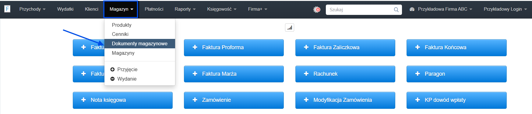 Strona główna konta w systemie Fakturownia z aktywną zakładką Magazyn i dokumenty magazynowe.