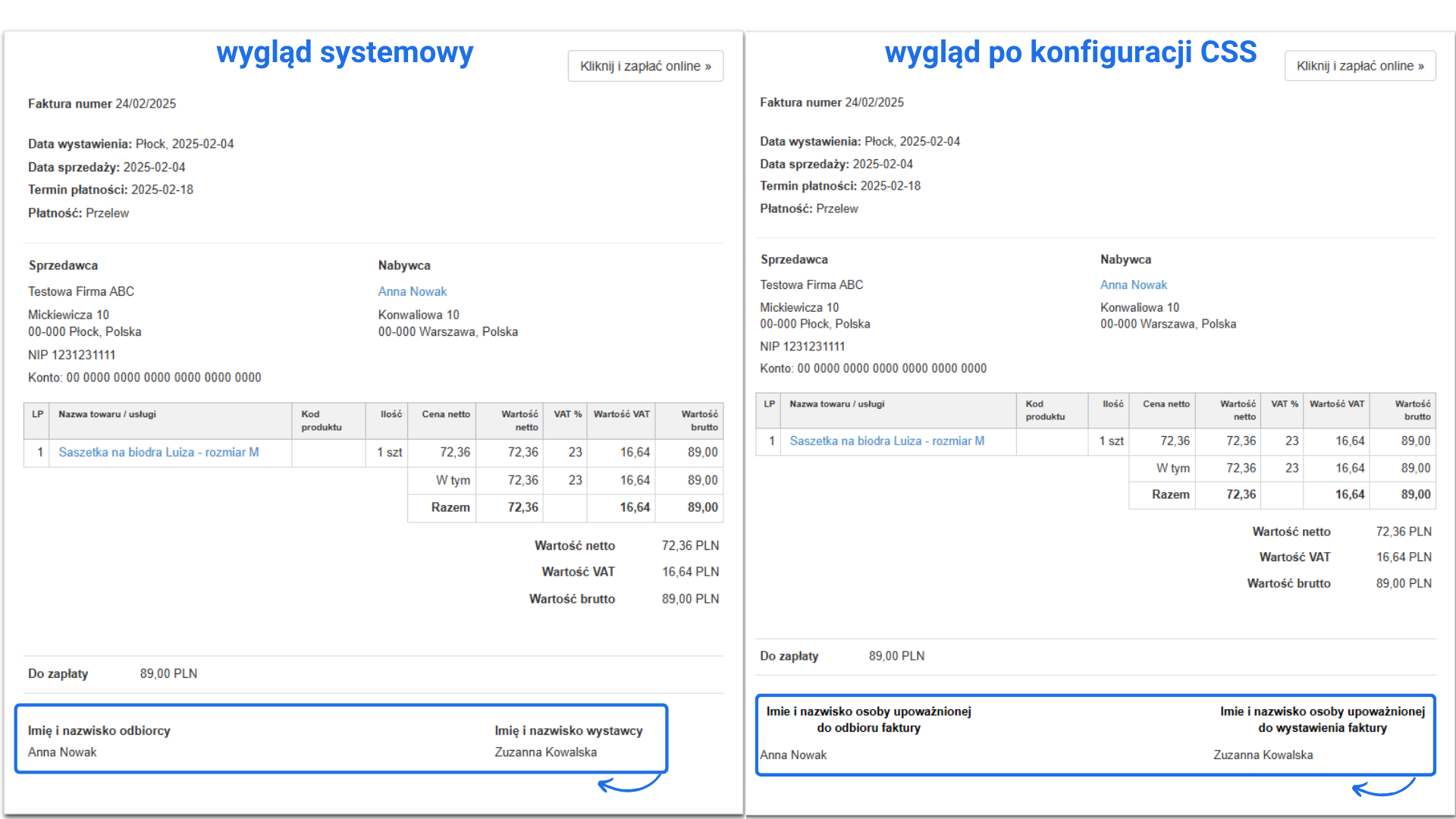 Porównanie wyglądu faktury przed i po zastosowaniu konfiguracji CSS, zmieniającej etykiety sekcji „Imię i nazwisko odbiorcy” oraz „Imię i nazwisko wystawcy”