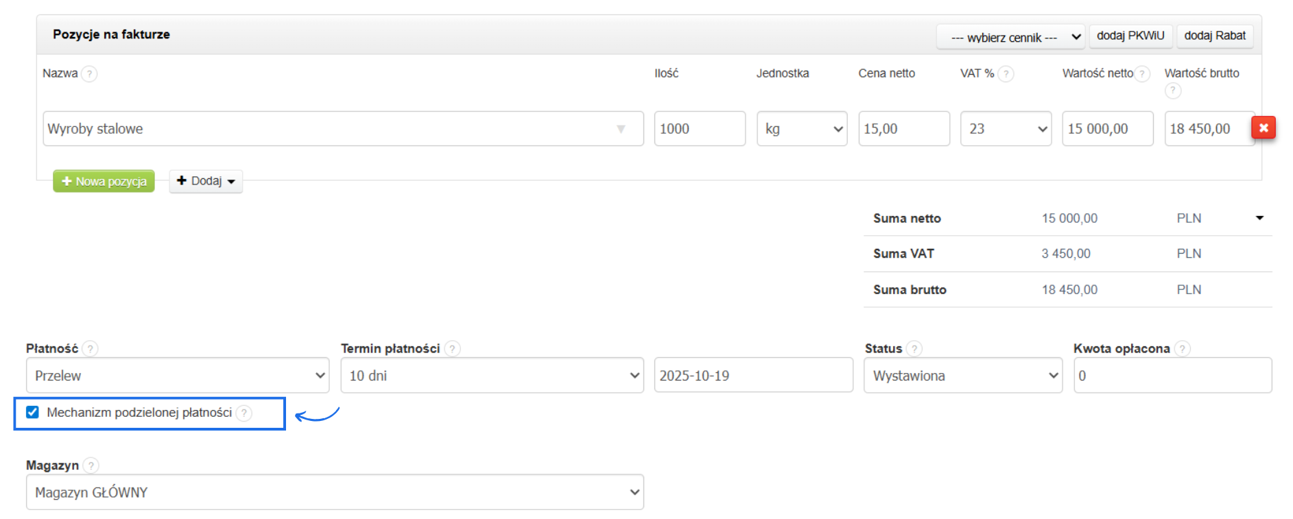 Formularz tworzenia faktury przychodowej z produktem wyrób stalowy i kwotą brutto ponad 18 tysięcy złotych z aktywnym checkboxem mechanizm podzielonej płatności.