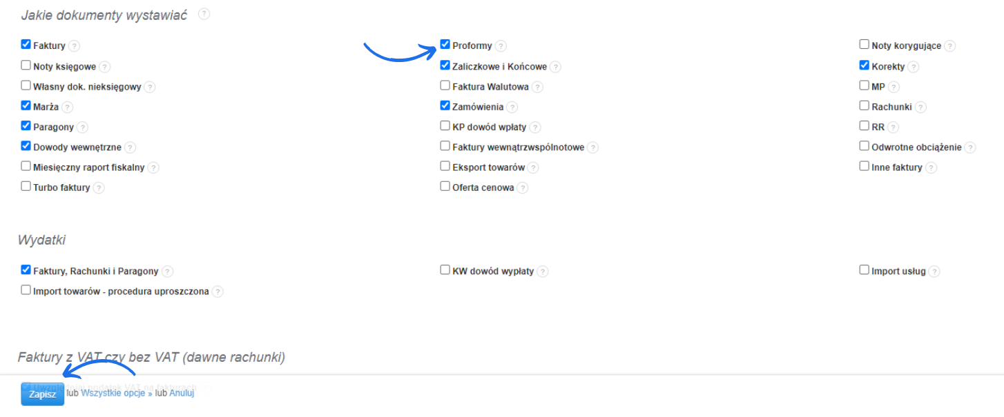 Formularz ustawień z zaznaczonymi opcjami wystawiania dokumentów, w tym faktur, paragonów, proform, korekt, zamówień oraz z przyciskiem 'Zapisz'.