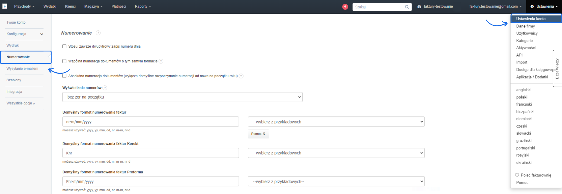 Ekran ustawień numerowania w Fakturowni, pokazujący opcje formatów numeracji faktur, korekt i proform oraz ustawienia wyświetlania numerów bez zer na początku.
