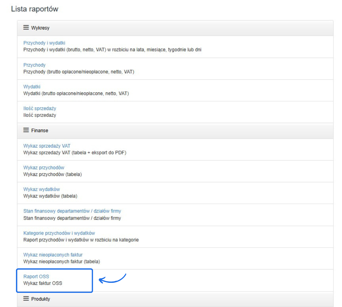 Sekcja „Raport OSS” w zakładce „Lista raportów” – tabela z wykazem faktur OSS w systemie Fakturownia.