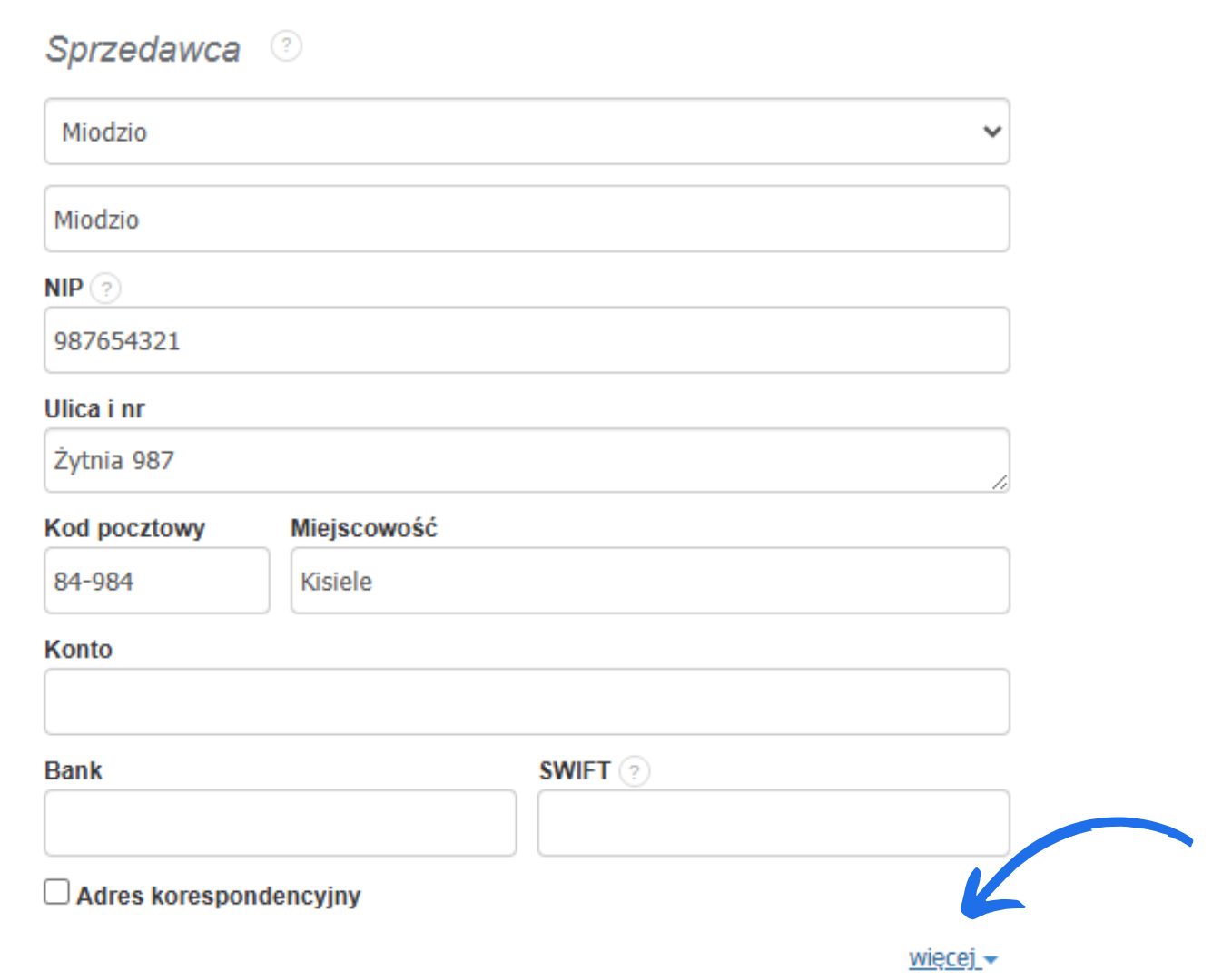 Formularz z danymi sprzedawcy Miodzio z Kisiele, wypełniony NIP, adresem i opcją rozwinięcia sekcji „więcej”