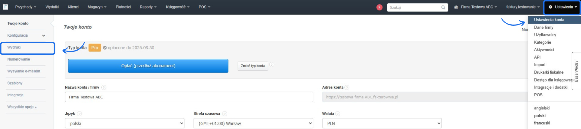 Panel ustawień konta w Fakturowni z zaznaczoną sekcją „Wydruki” do konfiguracji wyglądu dokumentów i drukowania.