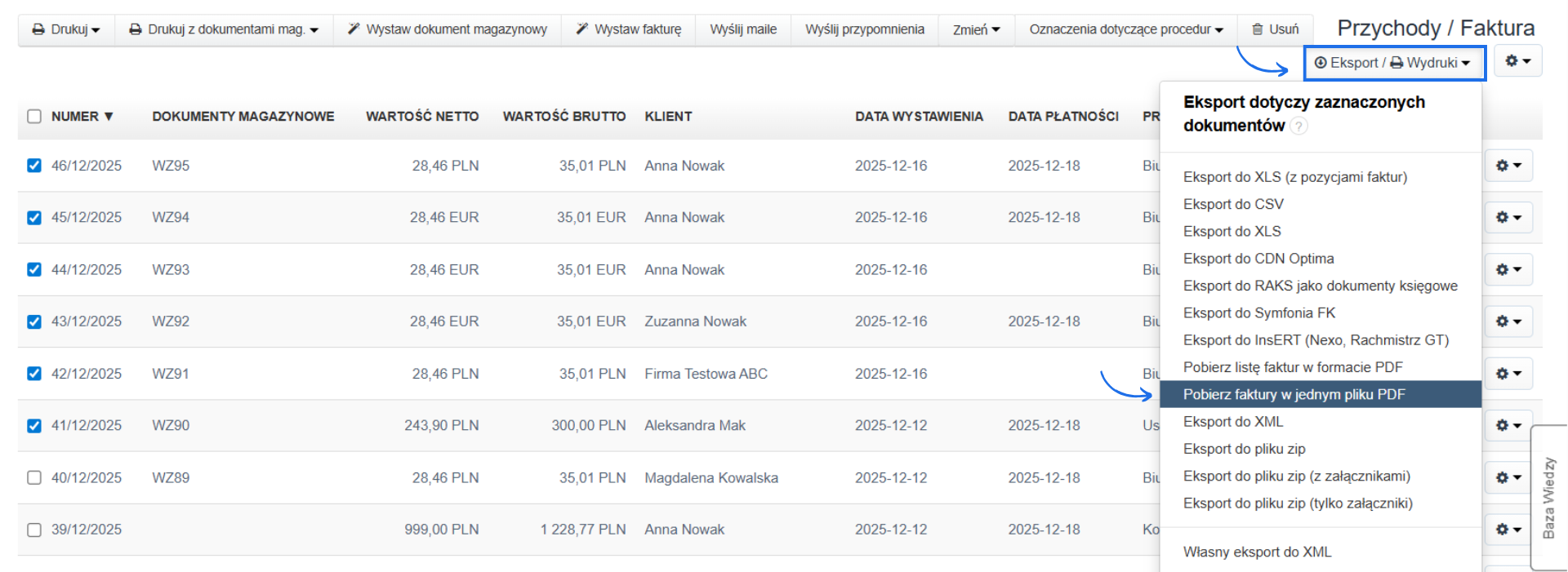 Lista faktur sprzedażowych z aktywnym przyciskiem Eksport/Wydruki i wybraną opcją pobierz listę faktur w formacie PDF.