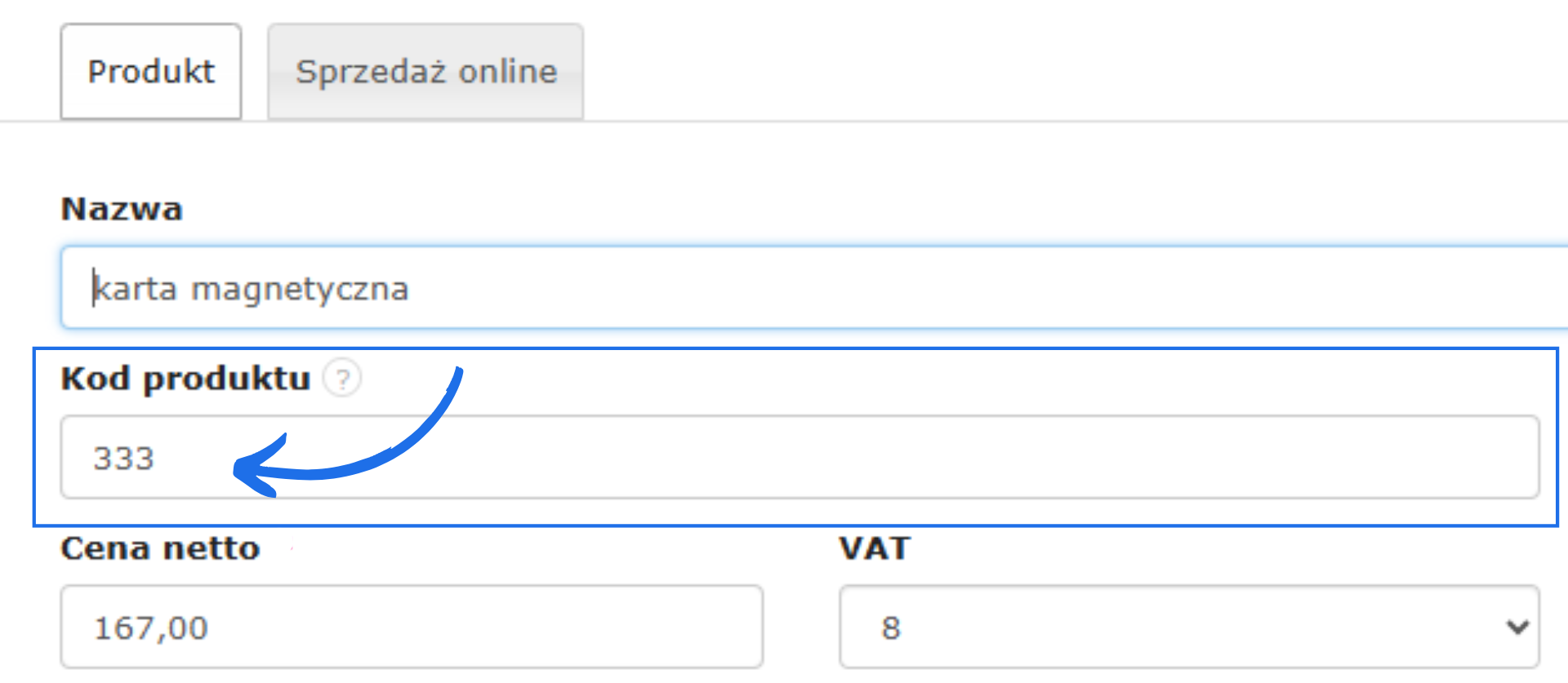 Formularz produktu z nazwą, kodem produktu i ceną netto z VAT 