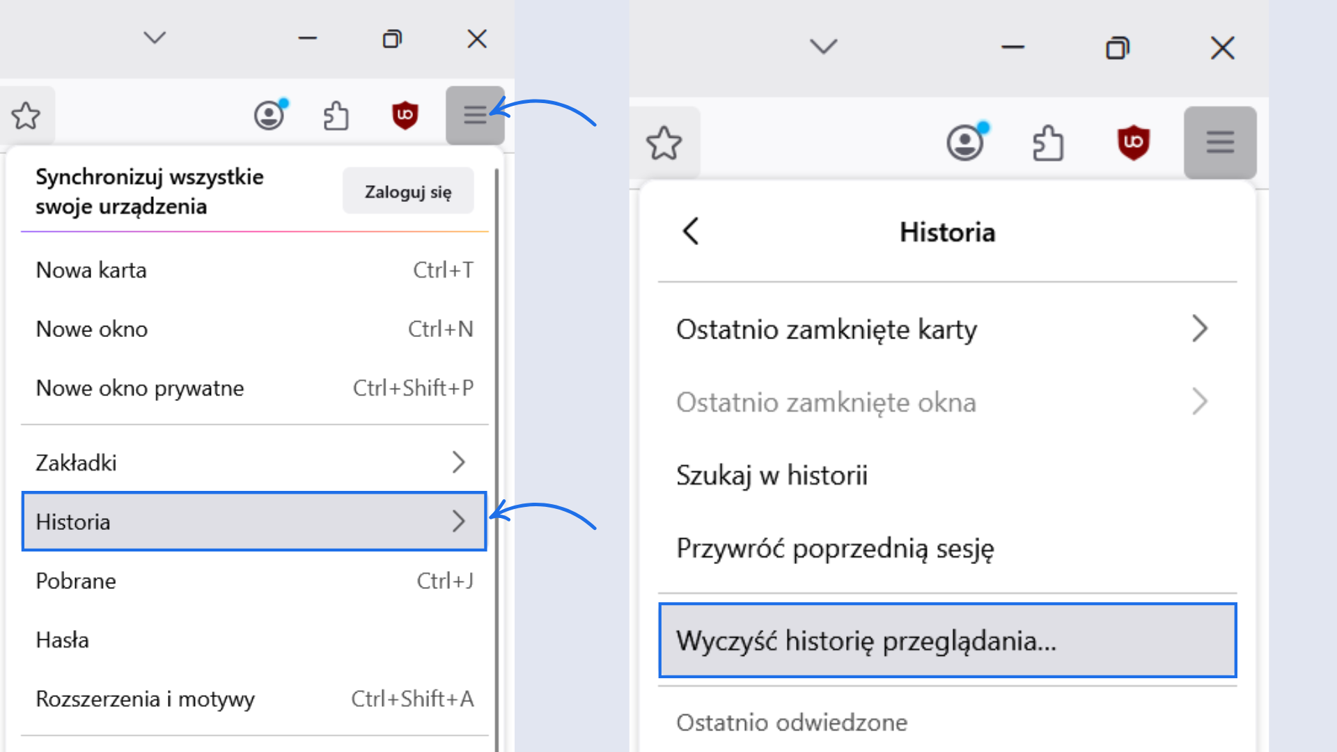 Menu przeglądarki Firefox – wybór opcji Historia i czyszczenie danych przeglądania dla lepszej wydajności fakturowania