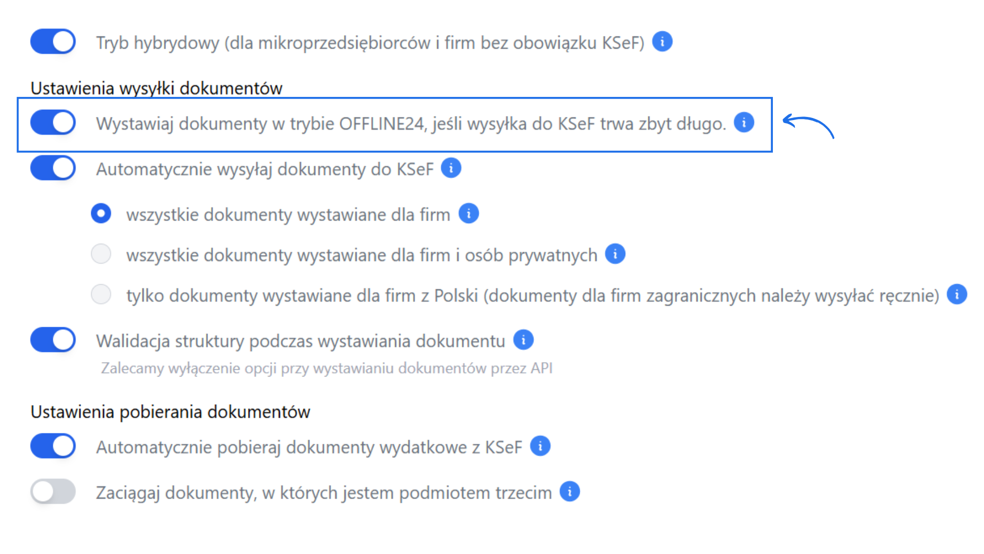 Ustawienia integracji z KSeF w Fakturowni z aktywnym wystawianiem faktur w trybie offline24.