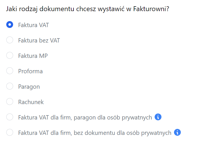 Opcje wyboru rodzaju dokumentu do wystawienia w Fakturowni, zaznaczona opcja Faktura VAT, pozostałe opcje obejmują m.in. Fakturę bez VAT, Proformę, Paragon.