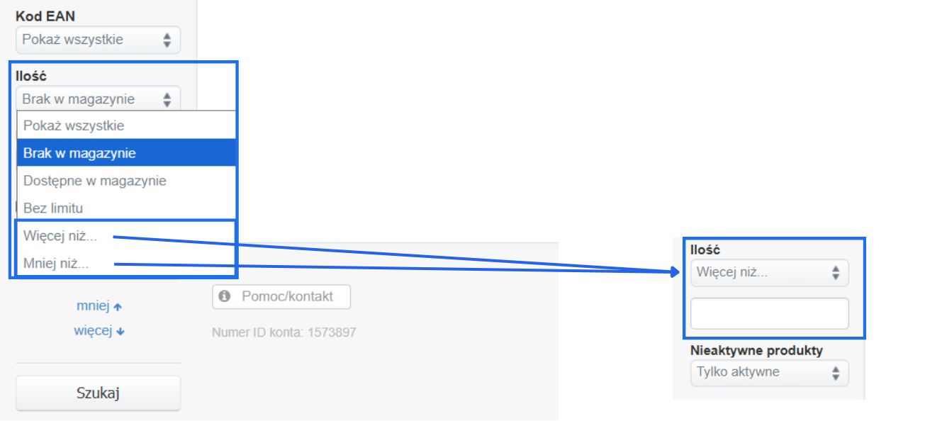 Szczegółowe parametry filtra Ilość na liście produktów dla opcji więcej niż oraz mniej niż.
