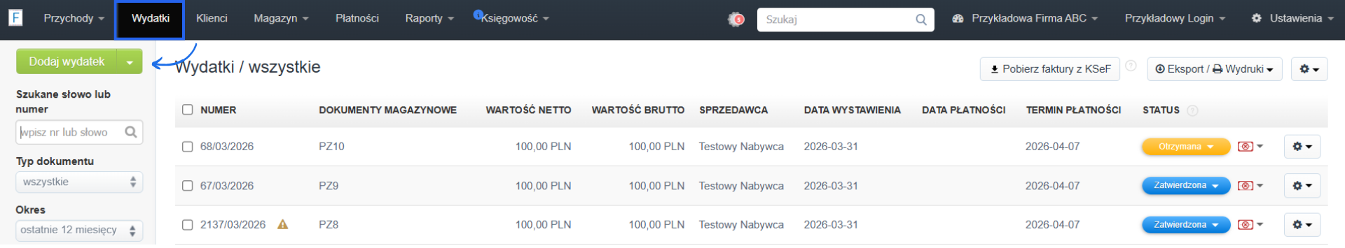 Lista faktur kosztowych w systemie Fakturownia z opcją dodaj wydatek.