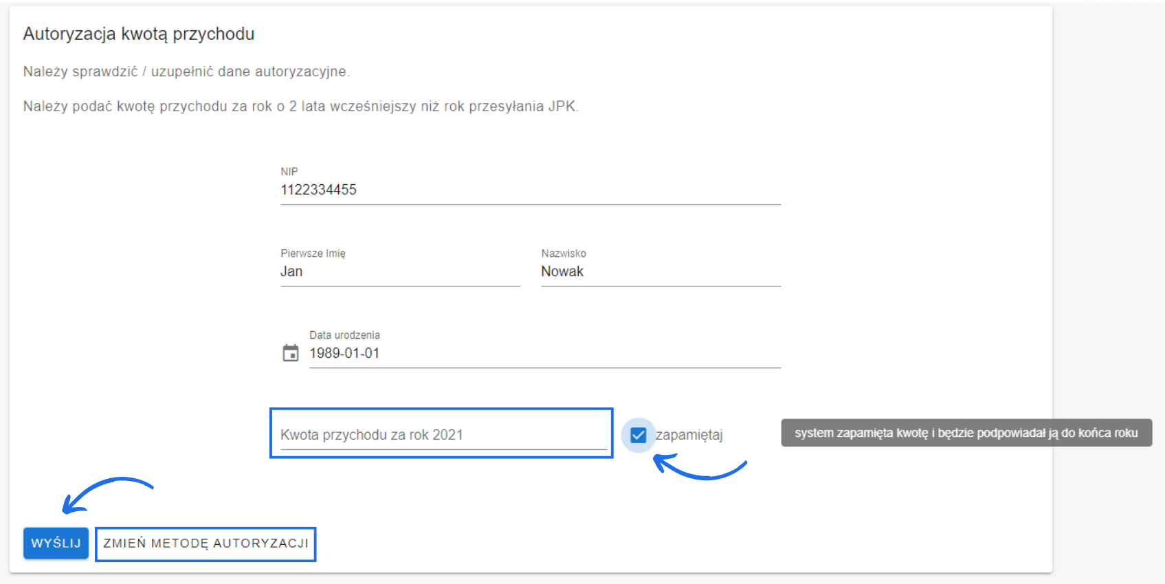 Formularz autoryzacji pliku JPK z opcją wprowadzenia kwoty przychodu za rok 2021, danymi użytkownika i możliwością zmiany metody autoryzacji.