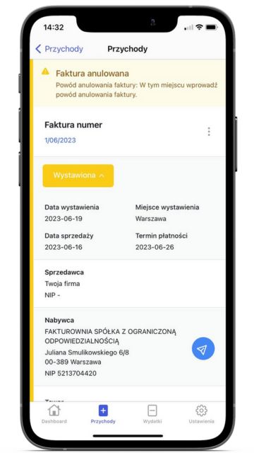 Anulowana faktura w aplikacji Fakturownia. Widoczny żółty komunikat o anulowaniu wraz z podanym powodem oraz szczegóły faktury.